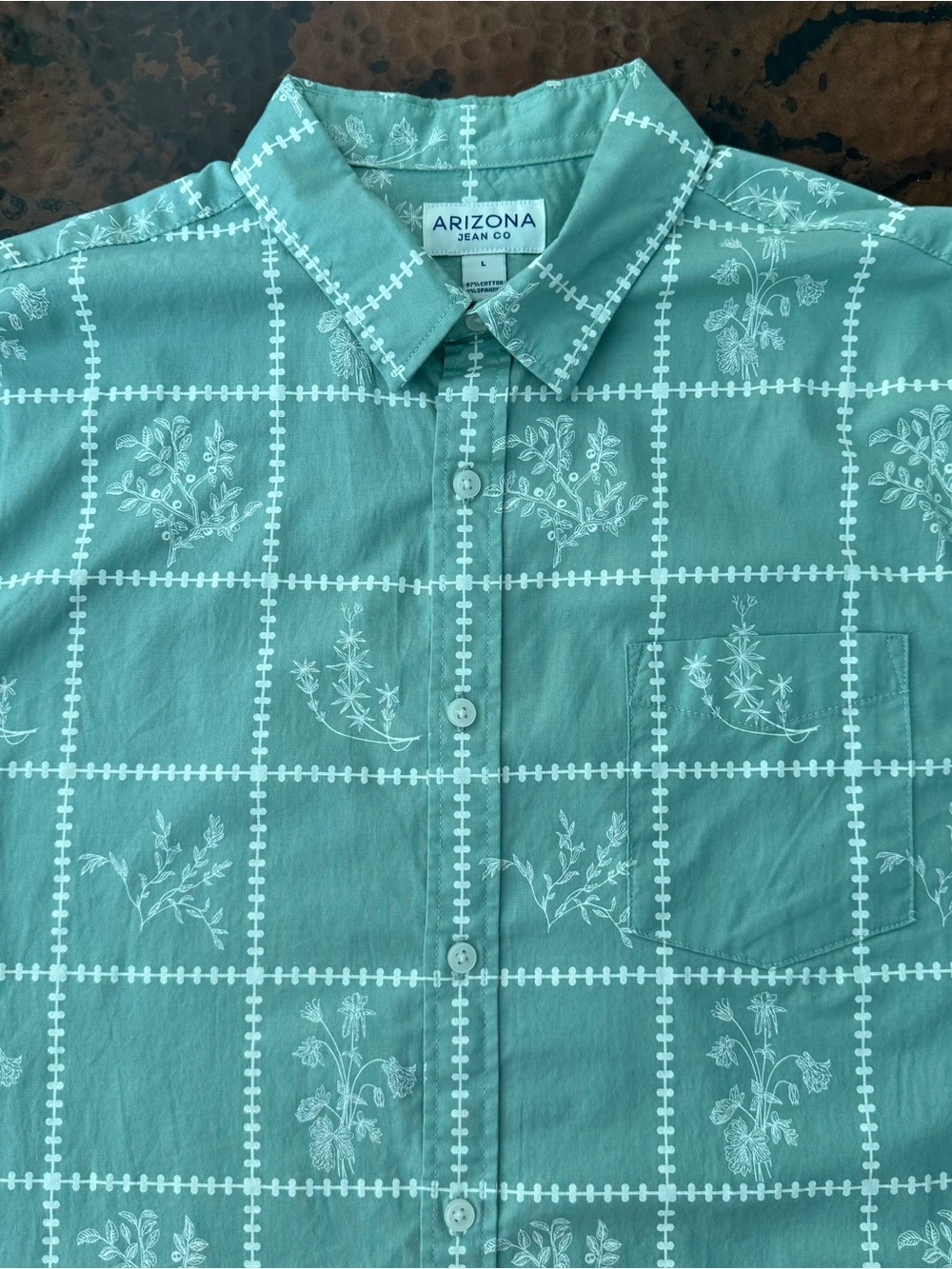 Arizona Jean Co Men’s Teal Green Button-Up Shirt Paisley Floral Size Large